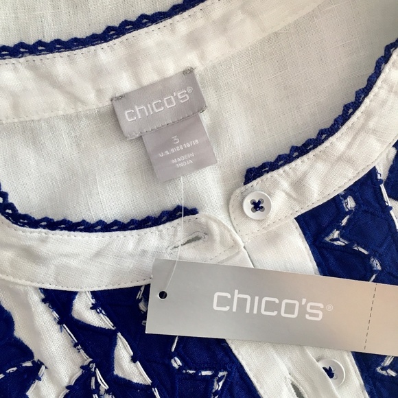 CHICO’S Appliqued Linen Tunic White & Blue Embroidered ~ Size 3 X-Large 16 - Picture 10 of 14